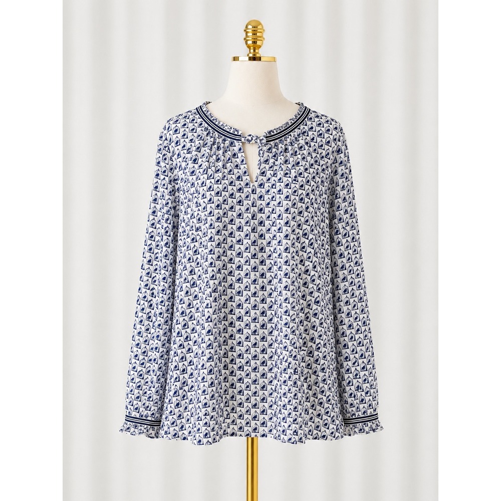 New Talbots Blouse 2X Novelty Birdcage Navy White Print Ruffle Split Tie Neck